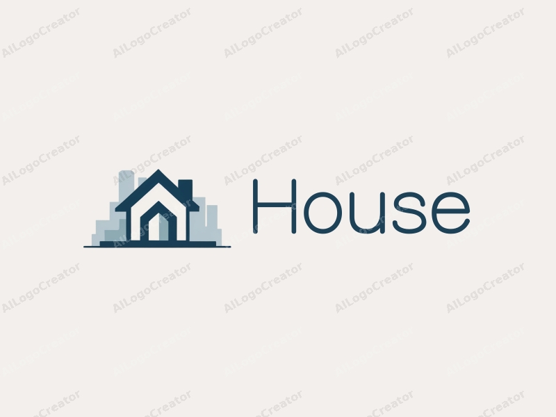 minimalist design features a stylized house silhouette, modern architectural elements, and a clean background with blue and gray tones.