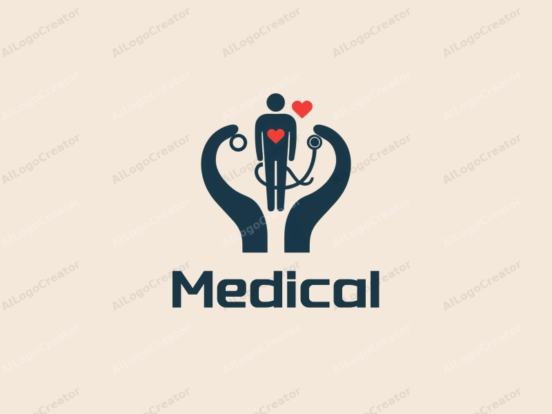 modern design features a stylized hospital silhouette, a doctor figure, a stethoscope intertwined with a heart, combined with a clean background.