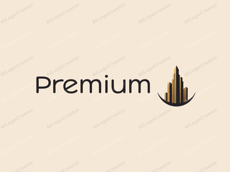 modern design features a high-end skyscraper silhouette, premium quality elements, and a gold and black color scheme combined with a clean background.