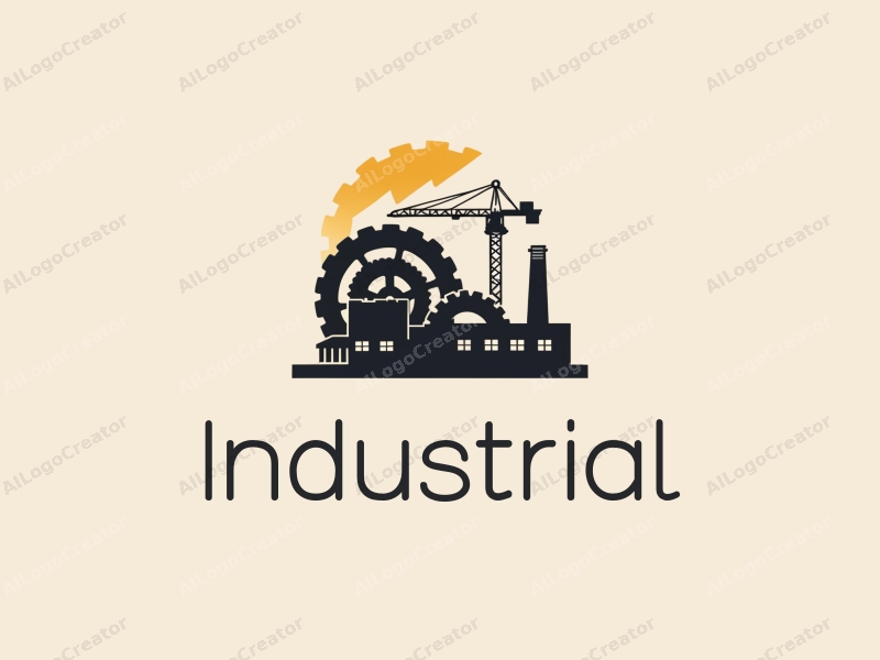 modern design features a stylized factory silhouette, interlocking gears, and a crane, combined with a clean background.