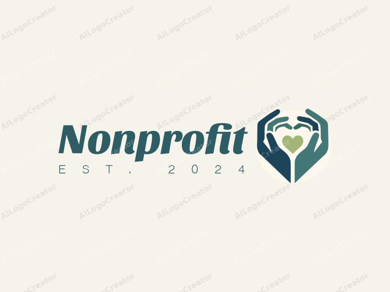 modern design features a heart shape formed by two hands, symbolizing charity and volunteerism, with a clean background in blue and green tones.