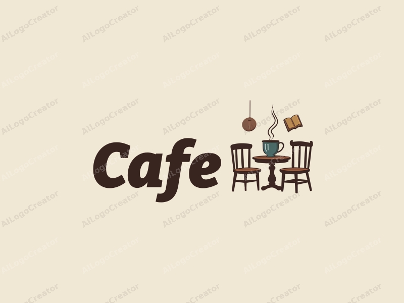 vintage design features a stylized coffee cup, a book, and a cozy table and chair setup, combined with a clean background.