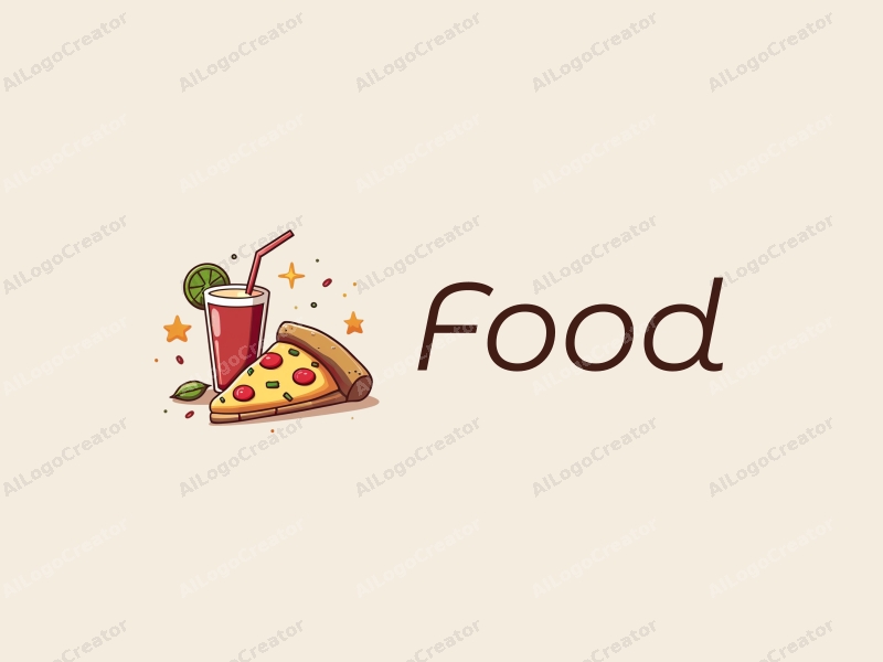 a modern design featuring a vibrant pizza slice and a refreshing beverage, combined with a clean background and a playful arrangement of food elements.