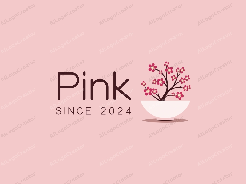 minimalist design features delicate cherry blossoms intertwined with a simple bowl silhouette, combined with a clean pink background.