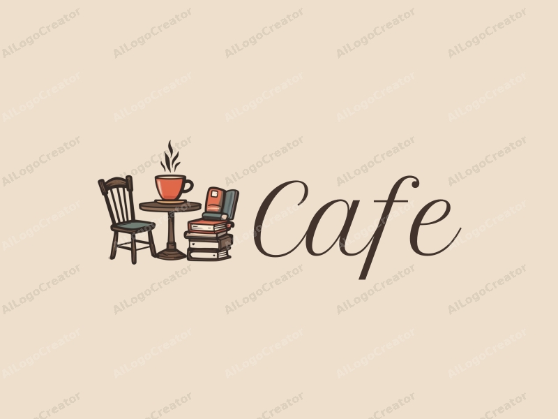 vintage design features a stylized coffee cup, a cozy table and chair setup, and a stack of books, combined with a clean background.