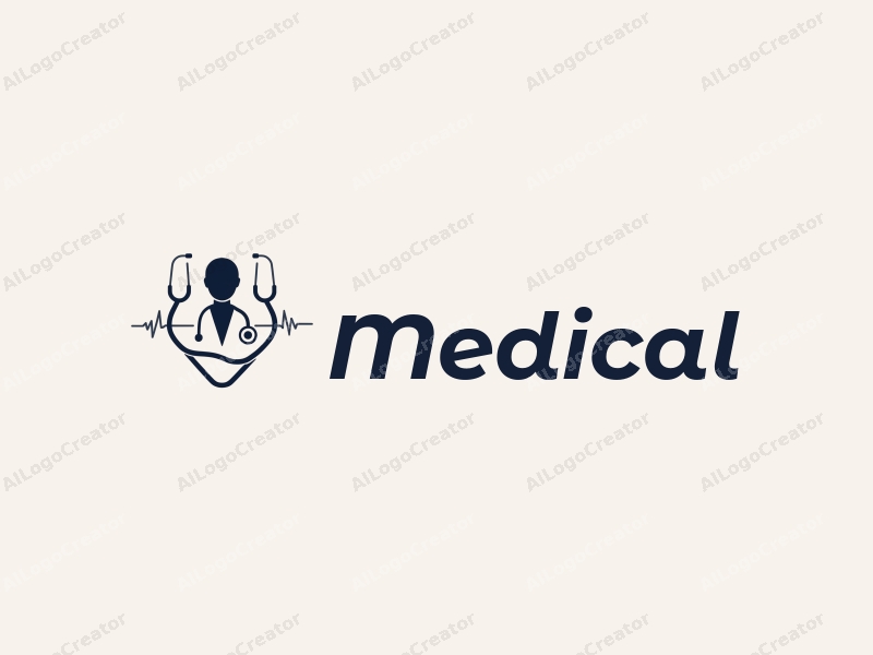 modern design features a stylized hospital silhouette, a doctor figure, a stethoscope intertwined with a heartbeat line, combined with a clean background.