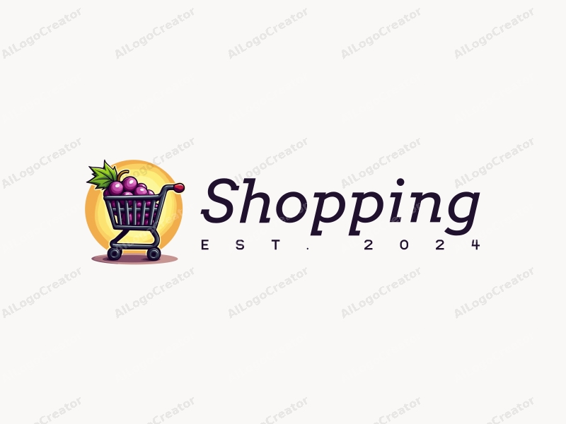 a modern design featuring a colorful shopping cart filled with grapes, set against a stylized mall background, emphasizing a vibrant and dynamic retail atmosphere.