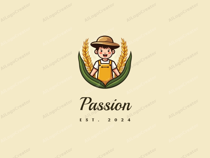 playful design features stylized rice ears and a cheerful farmer, combined with a clean background and a sense of passion and enthusiasm.