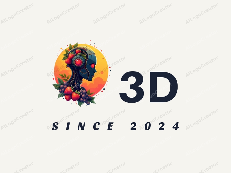 a modern sci-fi design featuring a 3D robot intertwined with vibrant fruits, showcasing dynamic visual effects, combined with a clean and harmonious background.