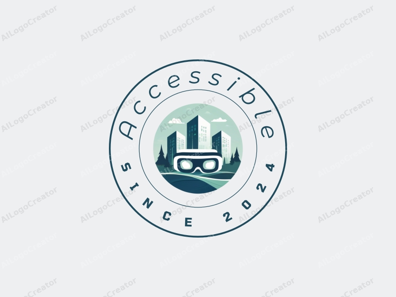 modern design features accessibility elements, a stylized building silhouette, and VR glasses, combined with a clean background in blue and green tones.