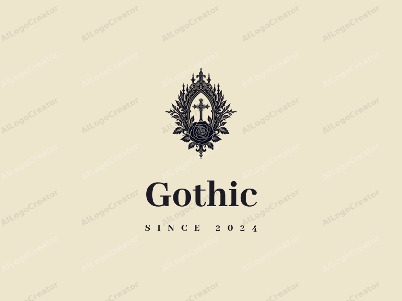 Gothic design features intricate Gothic architecture, stylized Gothic fashion elements, a black rose, and a cross, combined with a clean background.