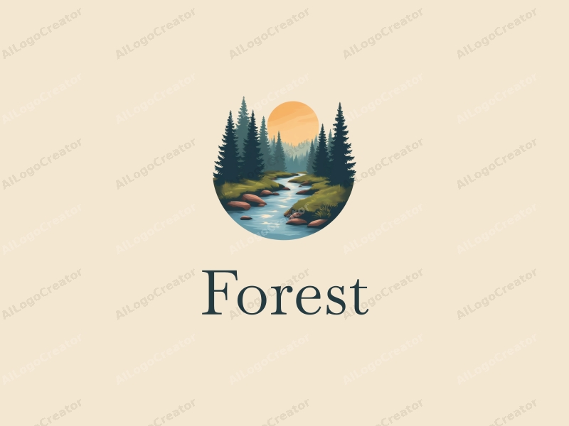 vintage design features stylized trees and leaves, a small stream flowing through a forest, combined with a clean background.