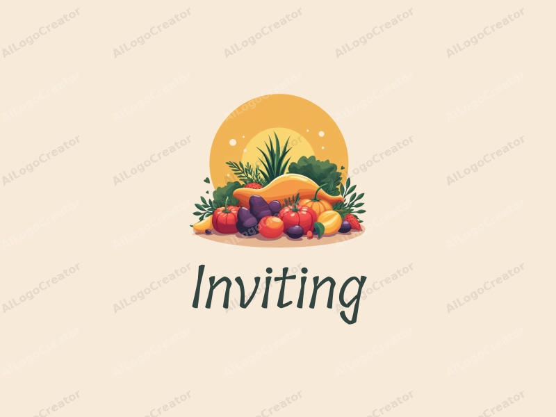 playful design features a vibrant arrangement of fruits and vegetables, symbolizing a warm welcome and invitation, combined with a festive banquet setting, all set against a clean and inviting background.