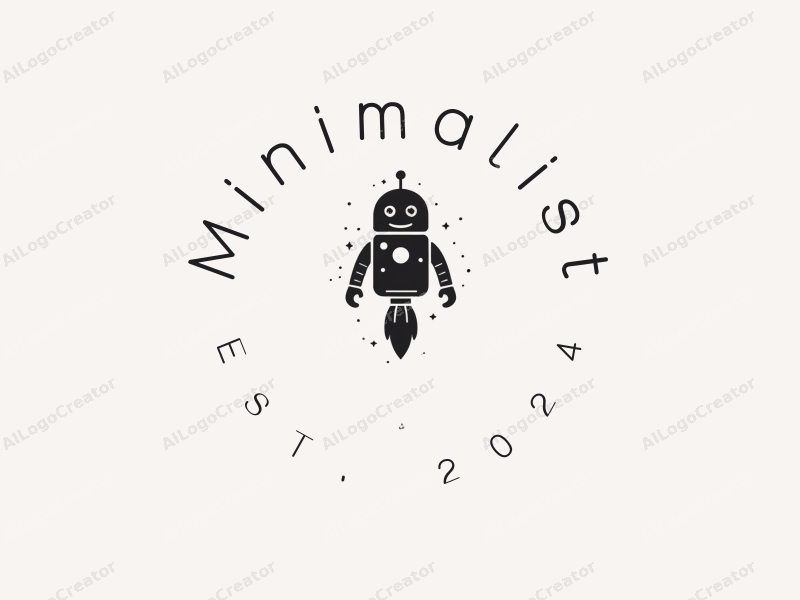 minimalist design features a stylized robot and rocket, combined with clean lines and a tag style, set against a simple black and white background.