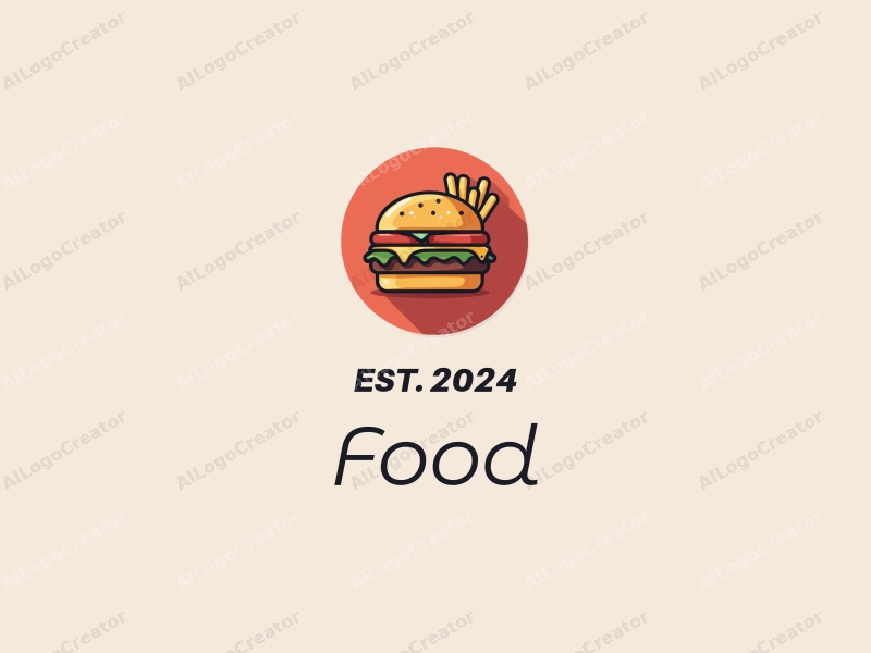 a modern design featuring a stylized burger and fries, with vibrant colors and a clean background, emphasizing the deliciousness of the food in a harmonious and simple composition.