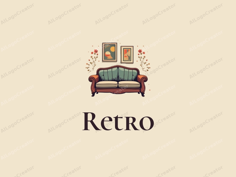 vintage design features a retro sofa and a retro poster, combined with a lettermark and vintage patterns, set against a clean background.