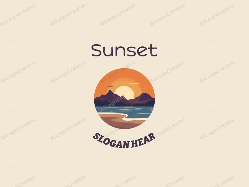 vintage design features a stylized sunset over a beach with mountains in the background, using a harmonious blend of orange and purple colors, combined with a clean and simple layout.