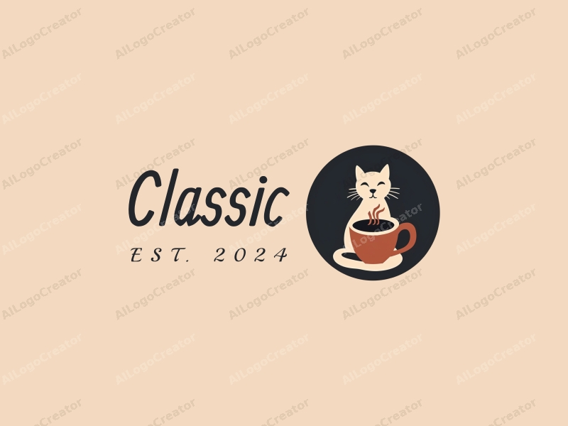 vintage design features a stylized cat silhouette intertwined with a coffee cup, incorporating classic and traditional elements, set against a clean, dark background.