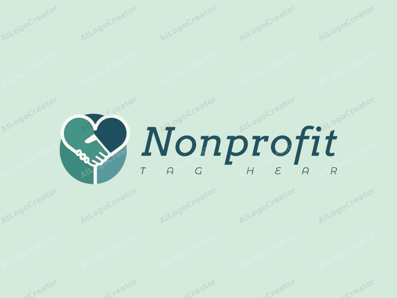 modern design features a stylized heart and handshake symbolizing charity and volunteerism, combined with a clean background in blue and green tones.