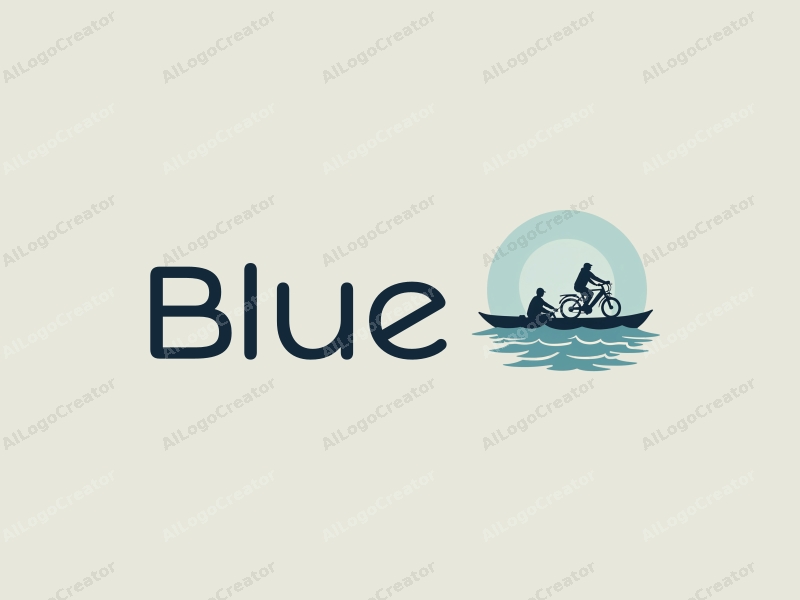 minimalist design features a stylized kayak and electric bicycle against a backdrop of ocean waves and a clear sky, combined with a clean and simple composition.