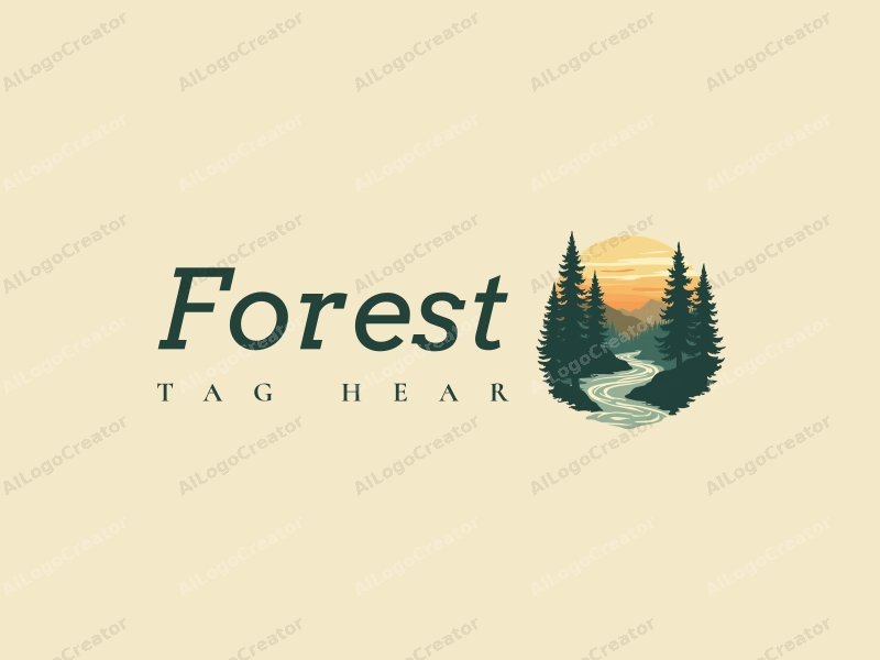 vintage design features a serene forest landscape with stylized trees and a flowing river, incorporating tree canopies and a harmonious composition with a clean background.