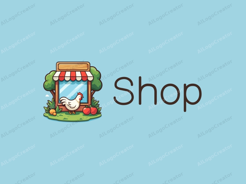 a modern design featuring a stylized shop front, a chicken integrated into the garden scene, with clean lines and a harmonious layout against a blue background.