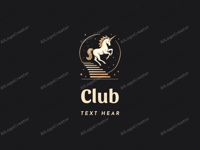 a modern design featuring a stylized unicorn and staircase, combined with elements representing a club and social interaction, set against a clean black background.