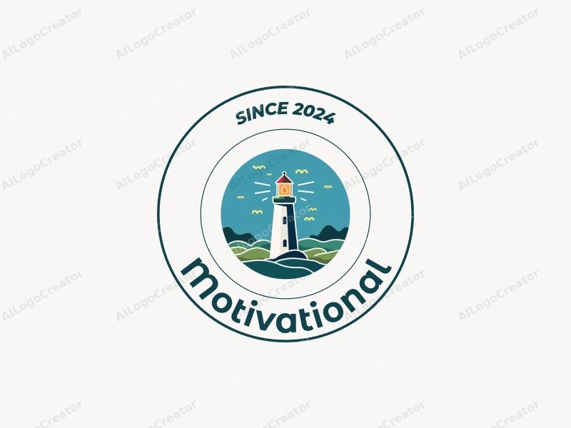 a modern minimalist design featuring a stylized lighthouse symbolizing guidance and motivation, combined with elements of encouragement, set against a clean background in blue and green tones.