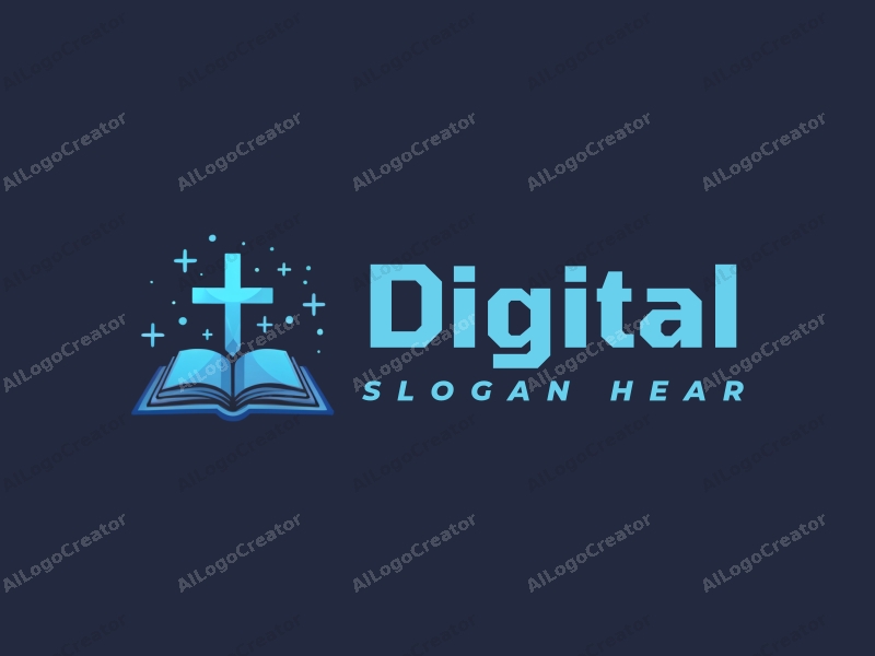 a modern minimalist design featuring digital elements, a stylized cross, and an open book, combined with a clean background in blue and black colors.