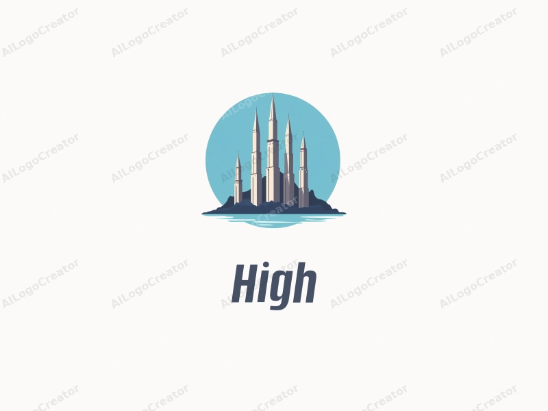 a modern design featuring tall and majestic towers and arches, combined with a clean blue background and a minimalist approach.