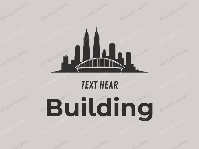 minimalist design features sleek buildings and towers, a stylized bridge silhouette, and a modern design approach combined with a clean gray background.