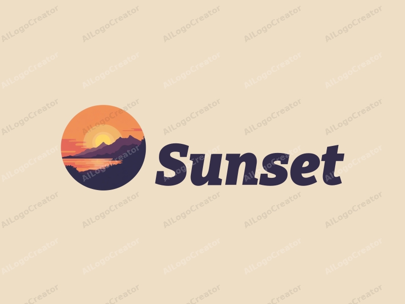 vintage design features a stylized sunset over a serene coastline with mountains in the background, using a harmonious blend of orange and purple colors, combined with a clean and simple layout.