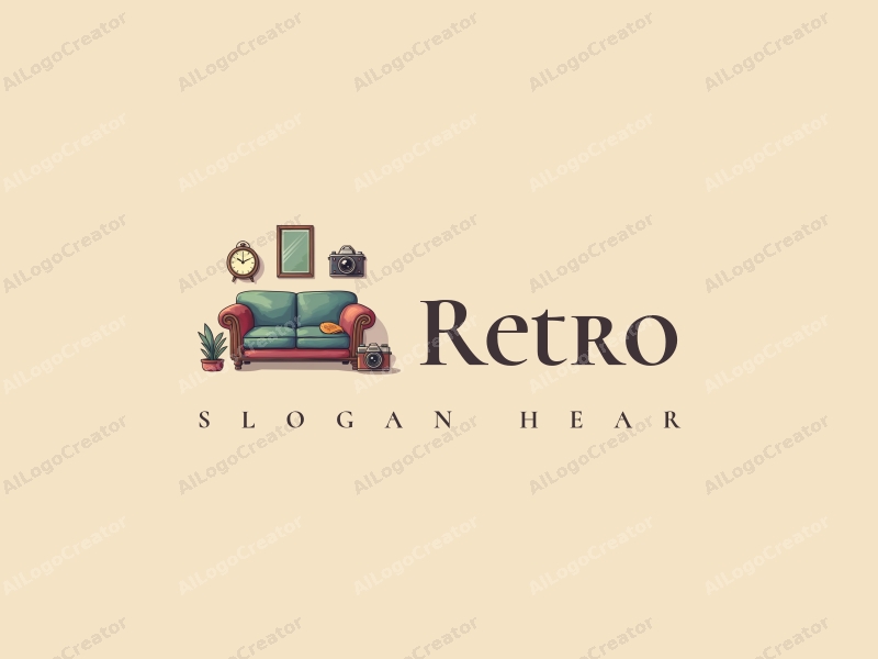 vintage design features a retro sofa, a vintage poster, a classical clock, and a nostalgic camera, combined with a clean background.