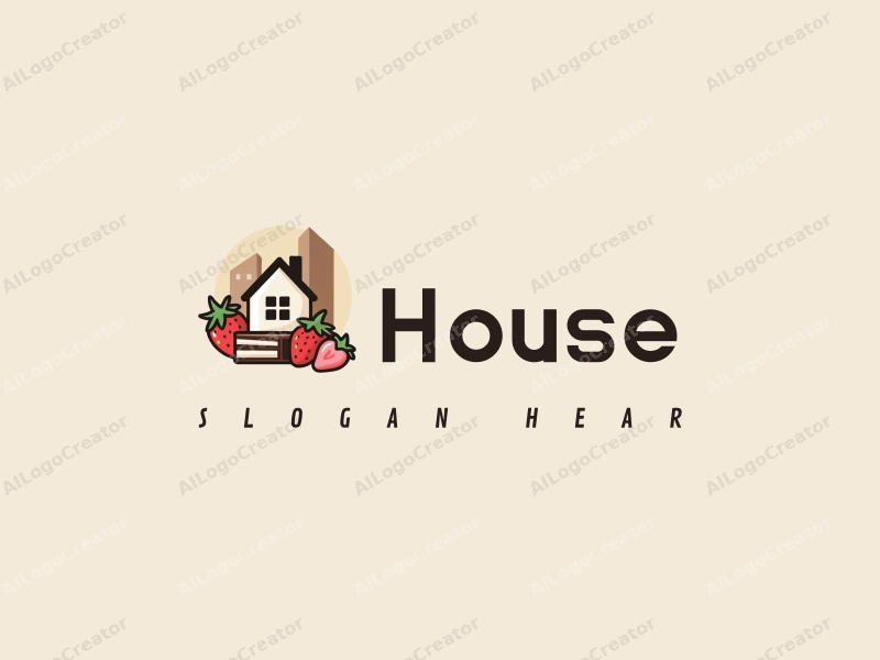 modern design features a stylized house and building silhouette, combined with elements of chocolate and strawberry, utilizing a clean background and a harmonious composition.