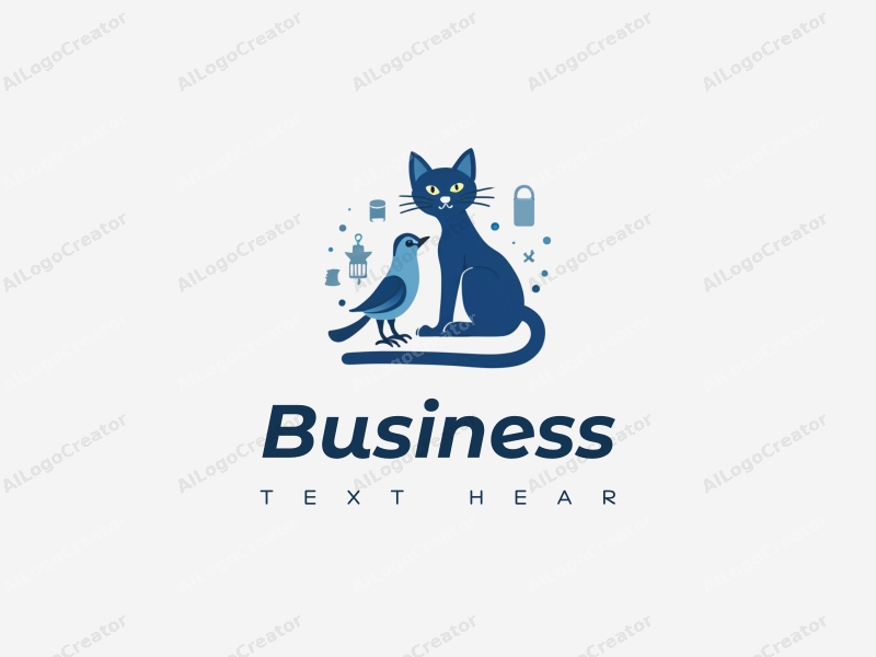 a modern design featuring a stylized cat and bird intertwined with business and office elements, using a blue color palette, combined with a clean and simple background.