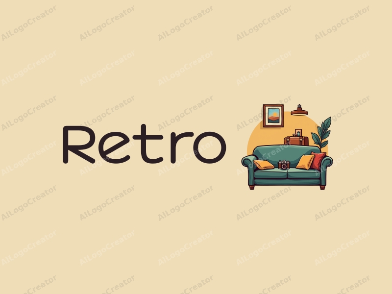 vintage design features a retro sofa, a retro poster, a retro suitcase, and a retro camera, combined with a clean background.