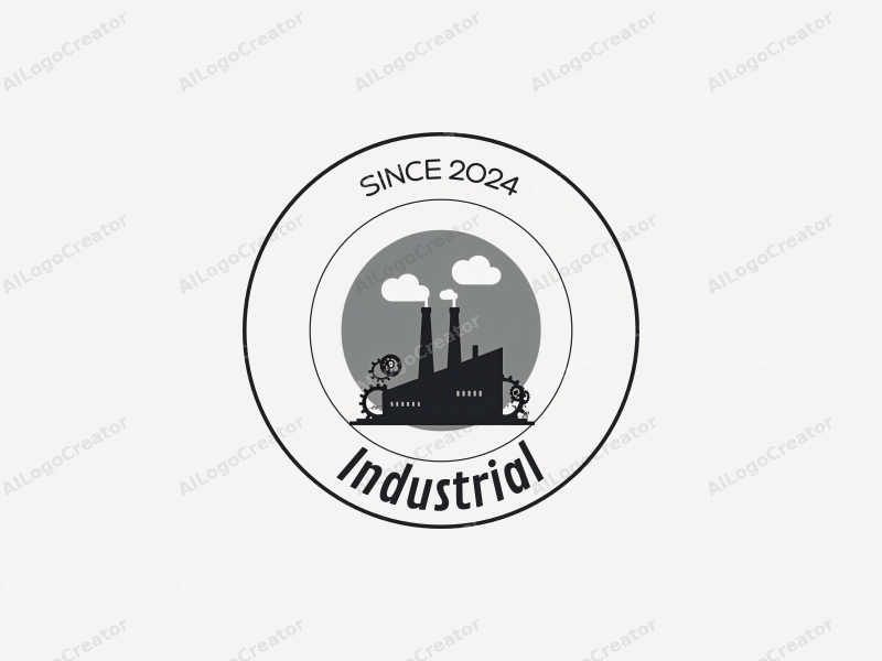 a modern minimalist design featuring a stylized factory silhouette, interlocking gears, and a robotic element, combined with a clean gray and black background.