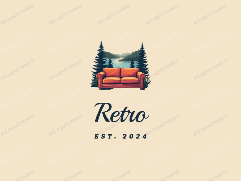 vintage design features a retro sofa and a retro poster, combined with a serene lake background, incorporating humorous elements, all presented in a clean and harmonious composition.