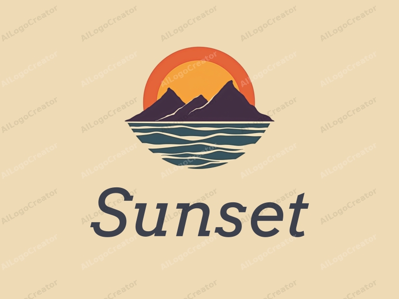 vintage design features a stylized sunset over the ocean with mountains in the background, incorporating warm orange and purple hues, combined with a clean and harmonious layout.