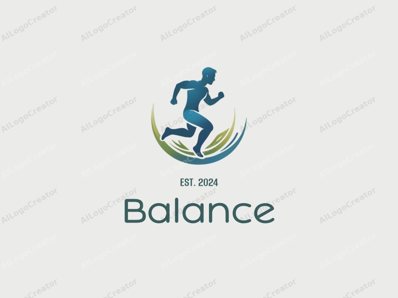 a modern design featuring a stylized athlete in motion, symbolizing health and balance, with a harmonious composition of blue and green colors against a clean background.