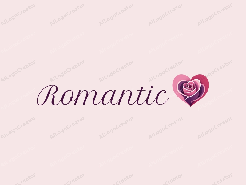 playful design features a stylized rose intertwined with a heart shape, incorporating pink and purple colors, combined with a clean background.