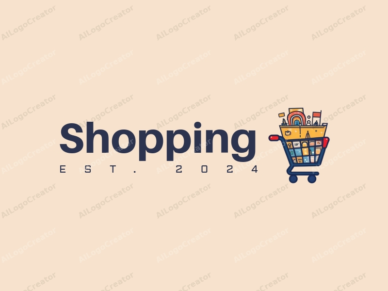 a modern design featuring a colorful shopping cart and a stylized mall with customers, combined with a clean background.