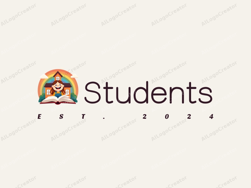 playful design features a cheerful student character, a stylized school building, an open book, and a vibrant rainbow, combined with a clean background.