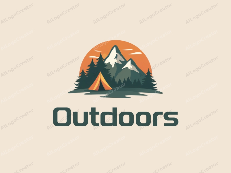 modern design features a stylized camping tent and mountain peak, combined with a clean background and a harmonious composition.