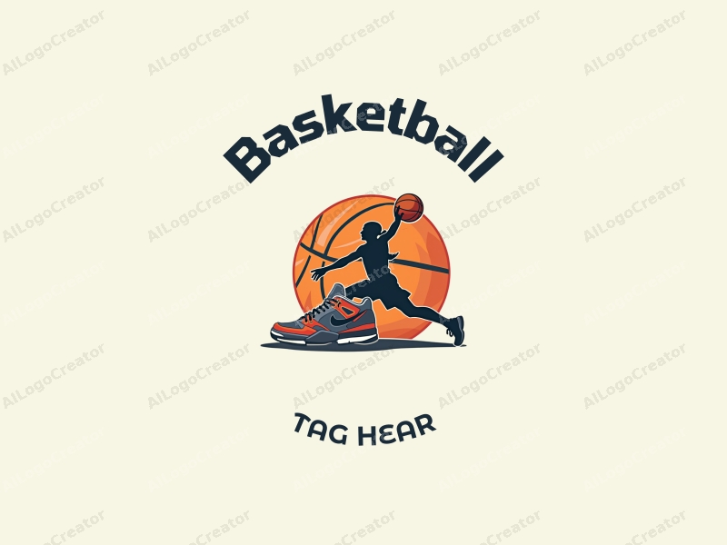 dynamic design features a stylized basketball, a pair of sneakers, and an athlete in motion, combined with a clean background and a sporty aesthetic.