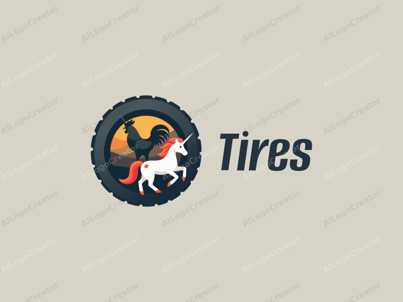 a modern design featuring a stylized tire, a rooster, and a unicorn, combined with a clean background and a harmonious composition.