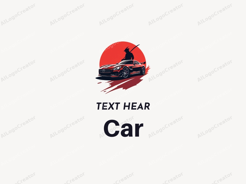 a modern design featuring a sleek car silhouette intertwined with a samurai figure, incorporating racing elements, all presented in a bold red color scheme against a clean background.