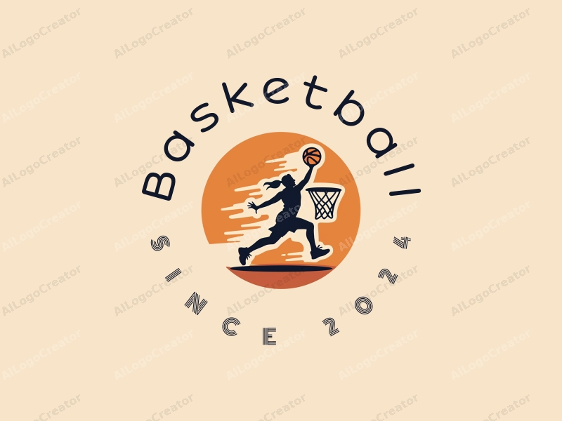 playful design features a dynamic athlete in action, a stylized basketball and hoop, combined with a clean background.