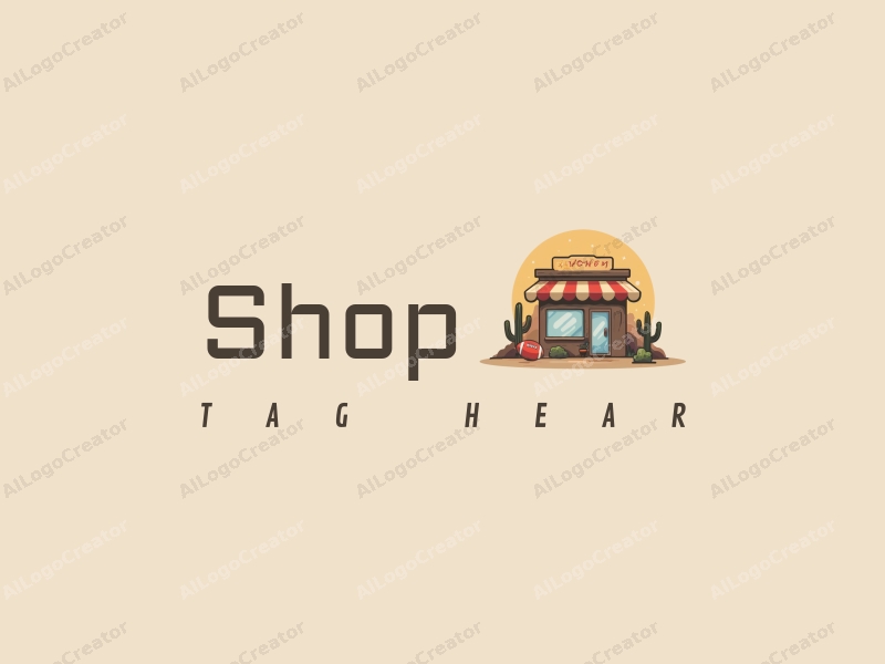 a modern design featuring a stylized shop silhouette, a football integrated into the structure, and desert elements in the background, combined with a clean and simple layout.