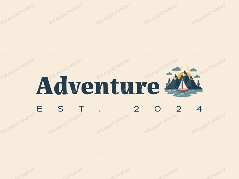 playful design features stylized mountains and sailing elements, combined with adventure and exploration themes, set against a clean background.